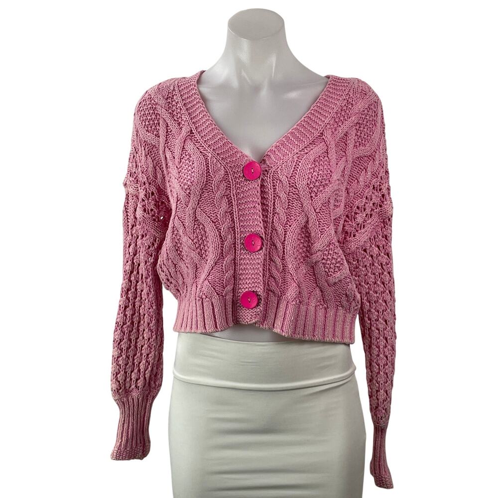 Anthropologie Pilcro Pink Cable Knit V Neck Cropped Button Cardigan Sweater XSP